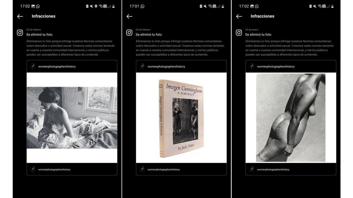 Posts removed from the popular art history Instagram account @WomenPhotographersHistory for violating Instagram's guidelines on Adult Nudity and Sexual Activity Courtesy of @WomenPhotographersHistory