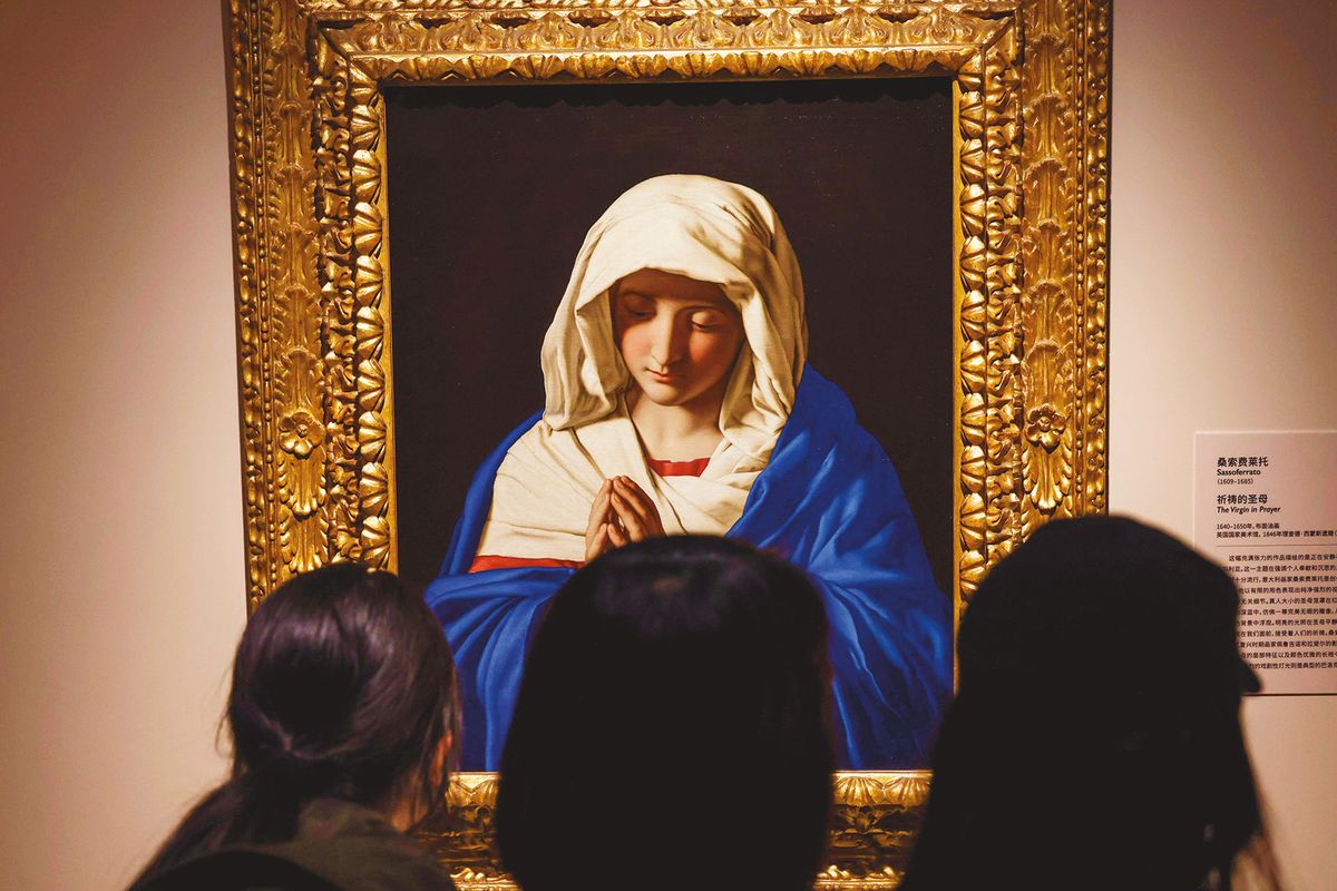 Visitors at the Shanghai Museum admire Sassoferrato’s The Virgin in Prayer (1640-50) at the record-breaking exhibition Botticelli to Van Gogh: Masterpieces from the National Gallery, London Sipa US/Alamy Live News