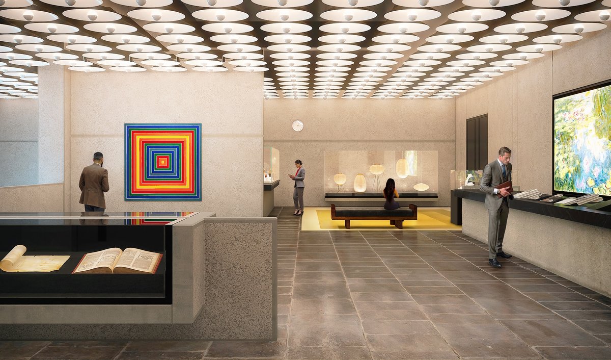 Rendering of the Sotheby's lobby at 945 Madison Avenue Courtesy Sotheby's. Frank Stella: © Frank Stella / Artist Rights Society (ARS), New York. Isamu Noguchi: © 2025 The Isamu Noguchi Foundation and Garden Museum, New York / Artists Rights Society (ARS), New York