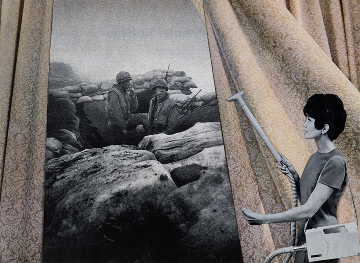 Martha Rosler, Cleaning the Drapes, from the series House Beautiful: Bringing the War Home (around 1967-72) Work: © Martha Rosler; image courtesy of the artist and Mitchell-Innes & Nash, New York