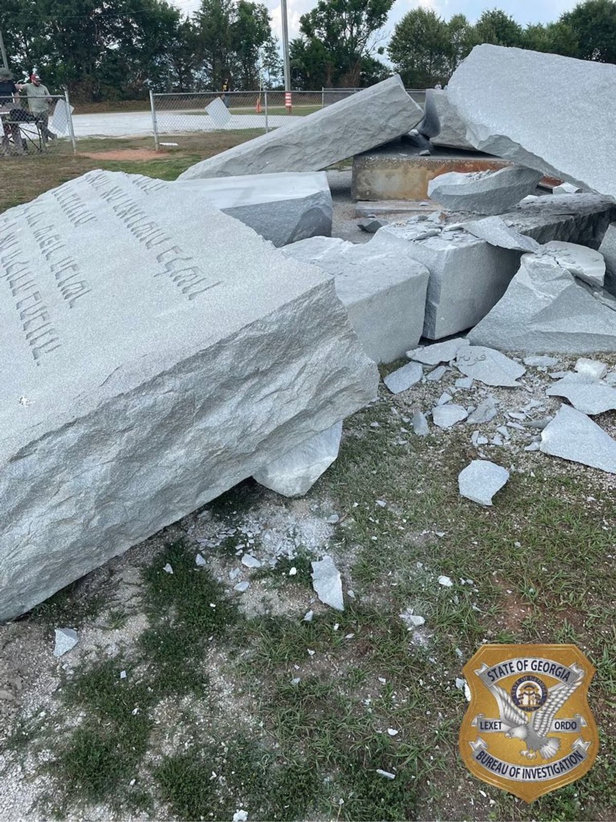 The Georgia Guidestones were demolished after an early-morning bombing on 6 July damaged one of the structure's granite slabs. The Georgia Bureau of Investigation says the structure was destoyed for safety reasons. Picture courtesy of Georgia Bureau of Investigation via Twitter.