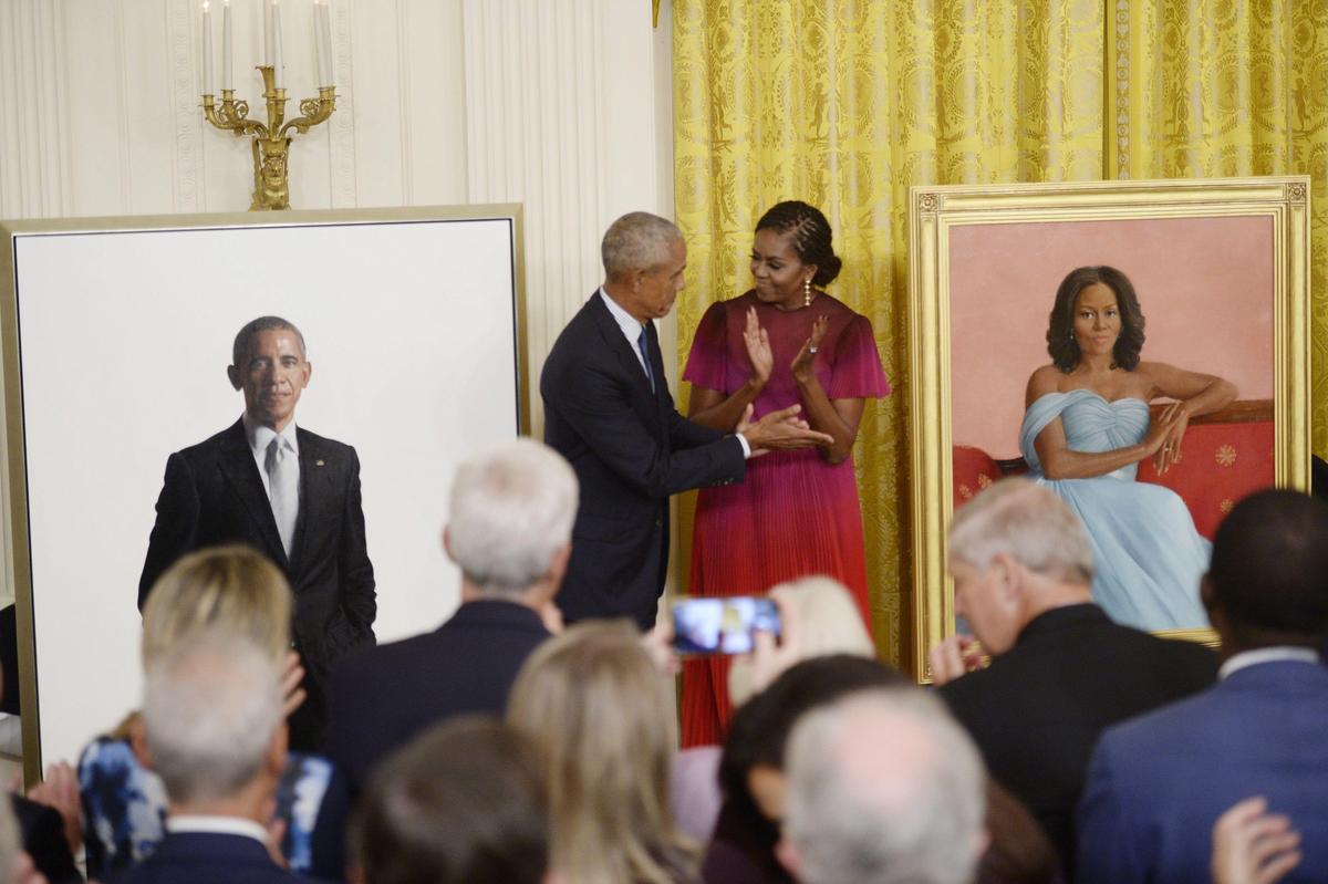 Former president Barack Obama and his wife Michelle unveil their official portraits in the East Room of the White House in Washington, DC on 7 September 2022. Photo by Bonnie Cash/UPI/Alamy Live News