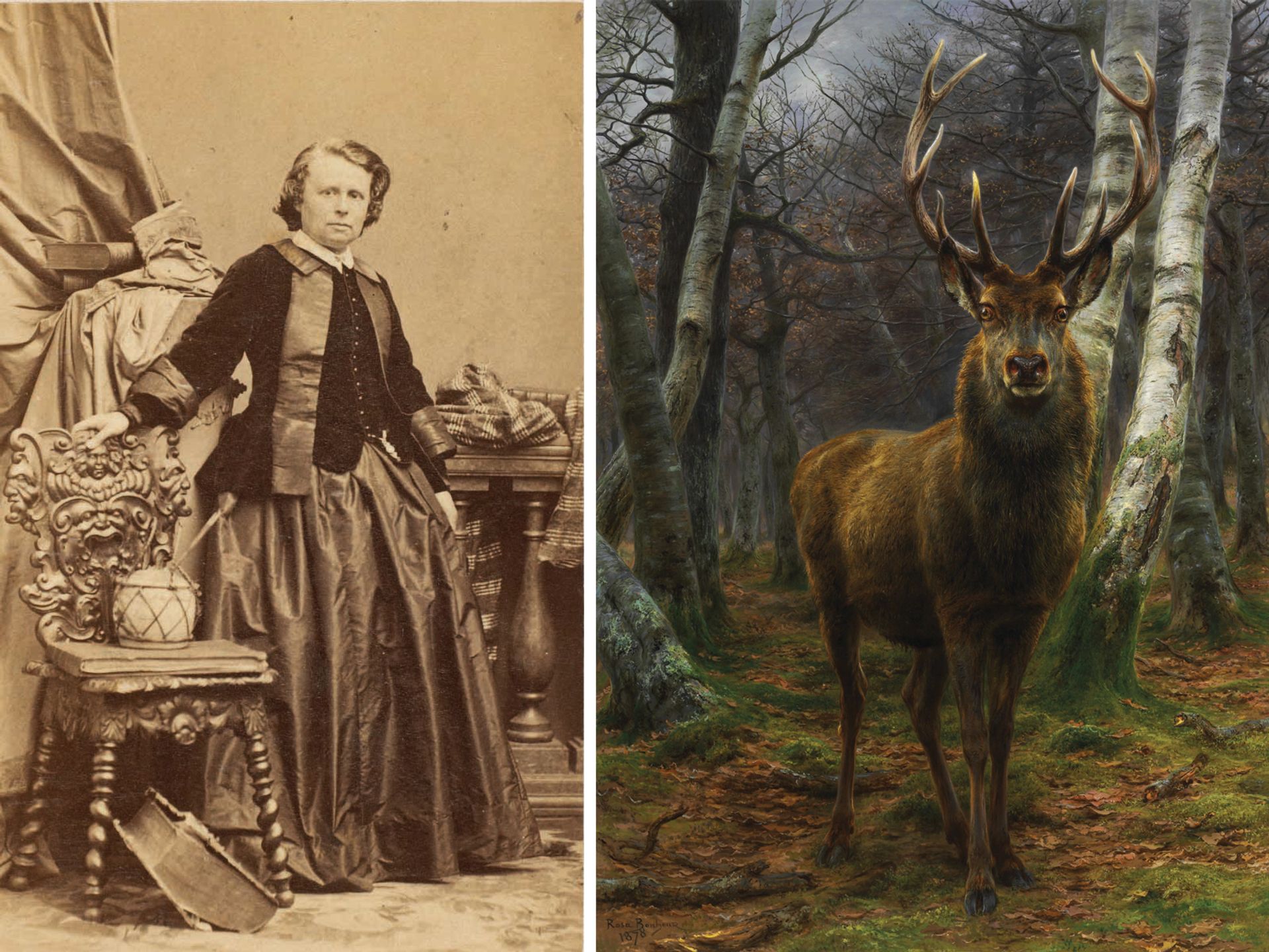 Rosa Bonheur (left) and her painting Le Roi de la forêt (King of the Forest) (1817) Bonheur: photo by André Adolphe Eugène Disdéri; © Musée d’Orsay / Alexis Brandt. Stag: © Christie’s Images / Bridgeman Images
