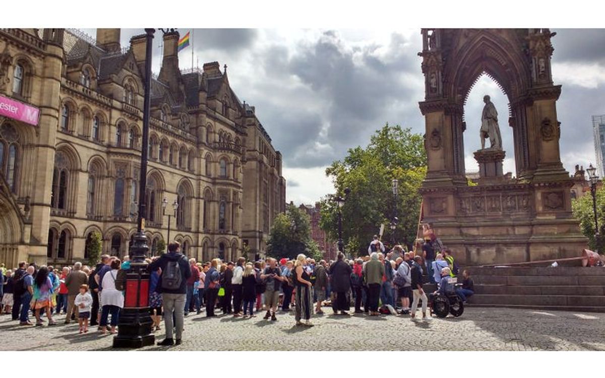 The Peterloo Memorial campaigners outside Manchester City Hall in 2017 Courtesy of the Peterloo Memorial Campaign