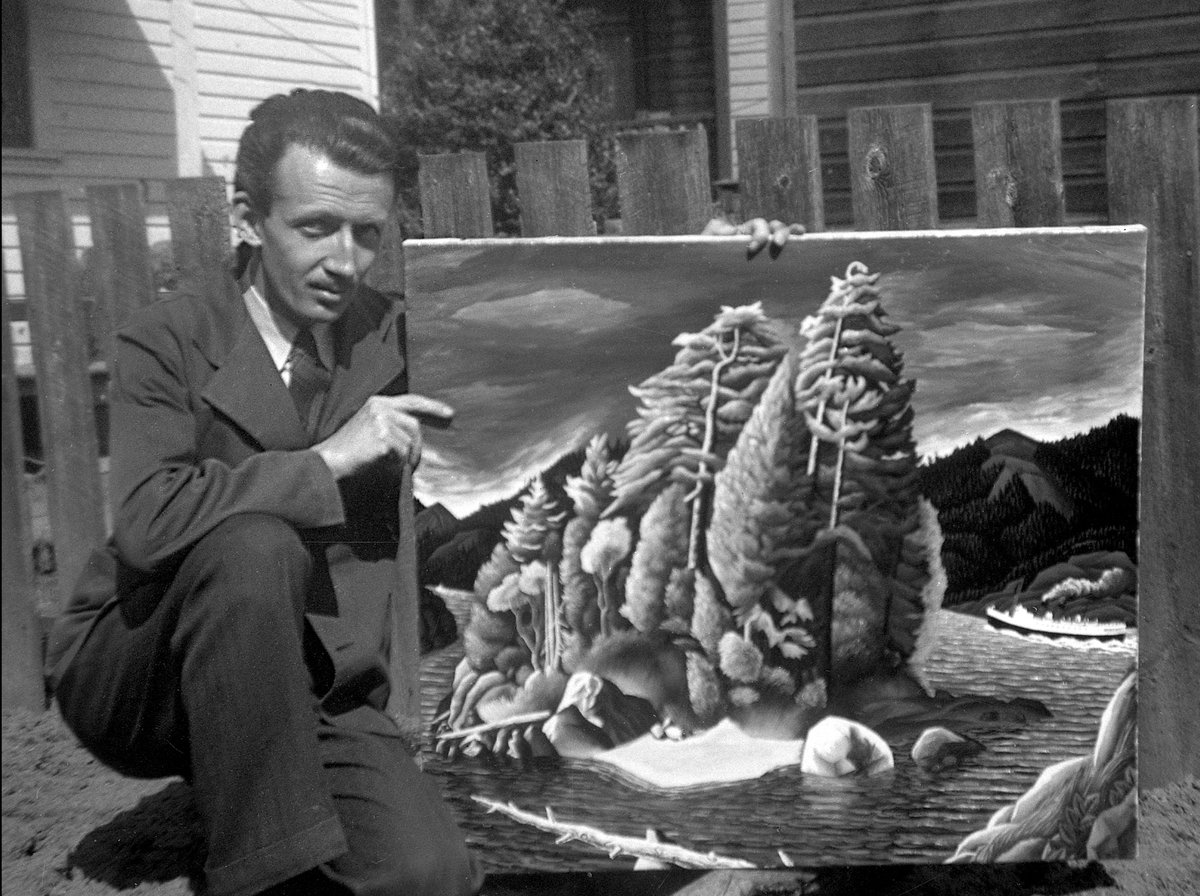 E.J. Hughes with Entrance to Howe Sound (1949) in the backyard at 1341 Vining Street, Victoria Photo: Fern Hughes. Courtesy Heffel
