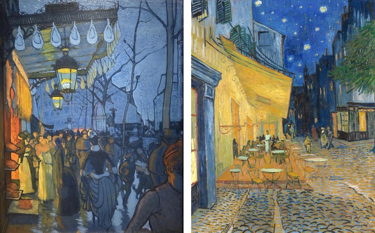 Louis Anquetin’s Avenue de Clichy (Five O’clock in the Evening) (late 1887) and Van Gogh’s Terrace of a Café at Night (Place du Forum) (September 1888)
Credit: Wadsworth Atheneum, Hertford, Connecticut (Ella Gallup and Marty Catlin Summer collection funds) and Kröller-Müller Museum, Otterlo