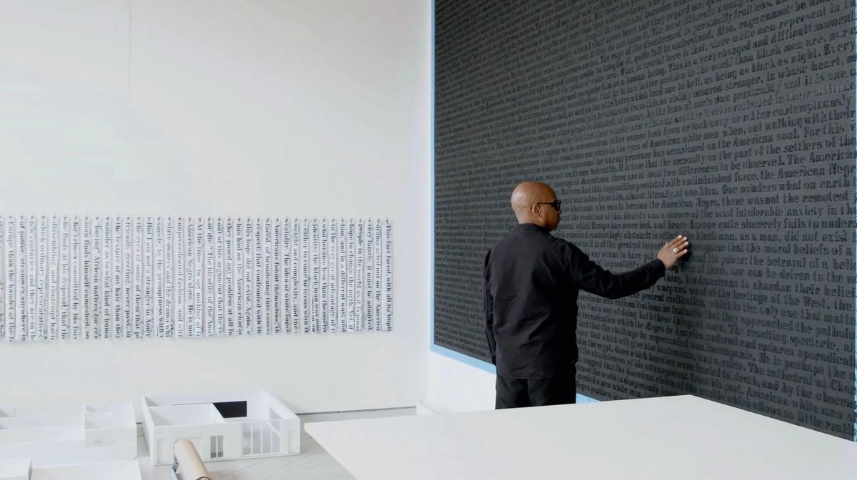 Glenn Ligon with part of the Stranger series, which spotlights an essay by the writer James Baldwin © Glenn Ligon; courtesy the artist and Hauser & Wirth