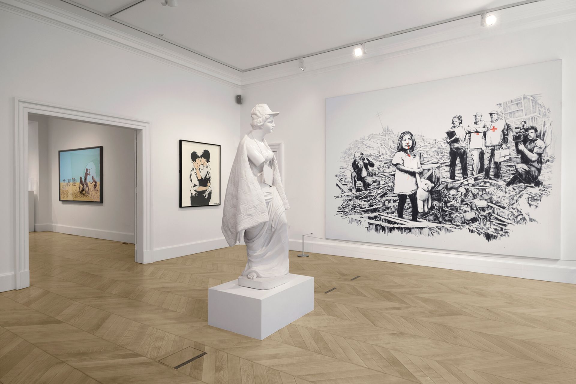 Installation view of Banksy, Greatest Hits: 2002-08 at Lazinc gallery in London Courtesty of Lazinc