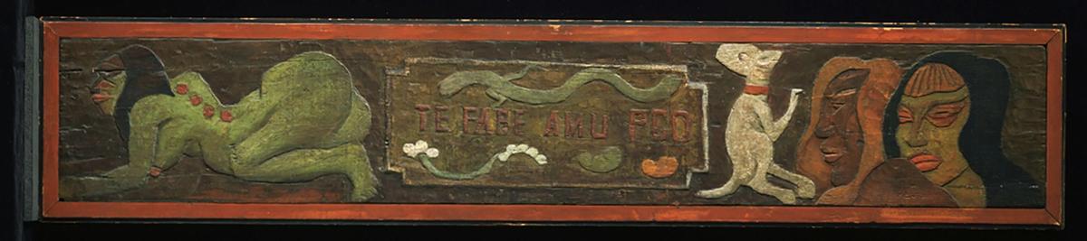 The crouching woman at the left in Gauguin’s carving originally had red-painted genitals, but this was overpainted in green by a nervous owner