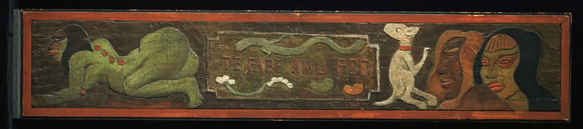 The crouching woman at the left in Gauguin’s carving originally had red-painted genitals, but this was overpainted in green by a nervous owner