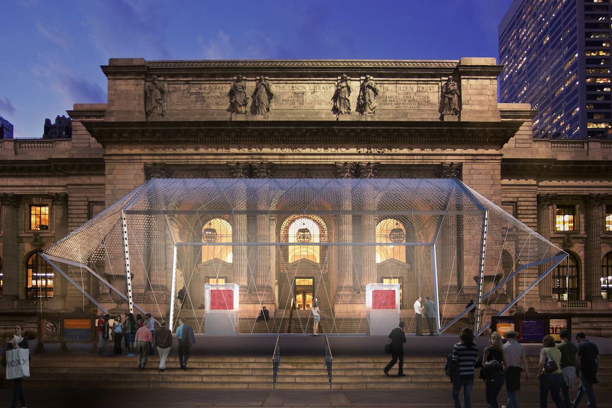 Rendering of Marc Quinn's Our Blood in its Norman Foster -designed pavilion outside the New York Public Library Courtesy of Marc Quinn studio/The Norman Foster Foundation