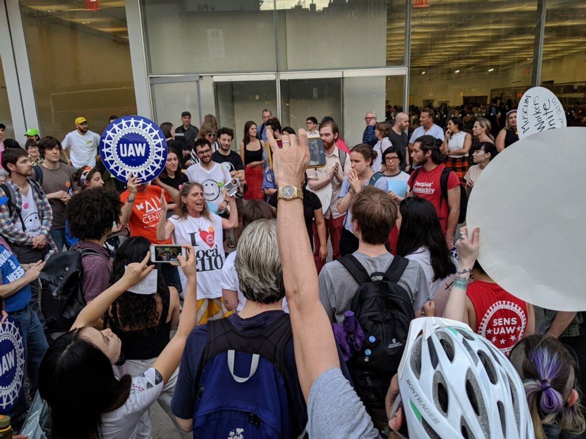 Maida Rosenstein (centre) at a union rally at the New Museum