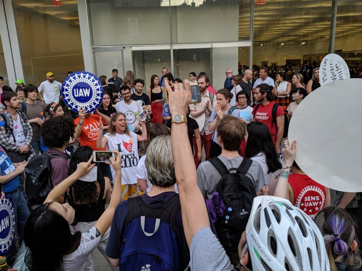 Maida Rosenstein (centre) at a union rally at the New Museum