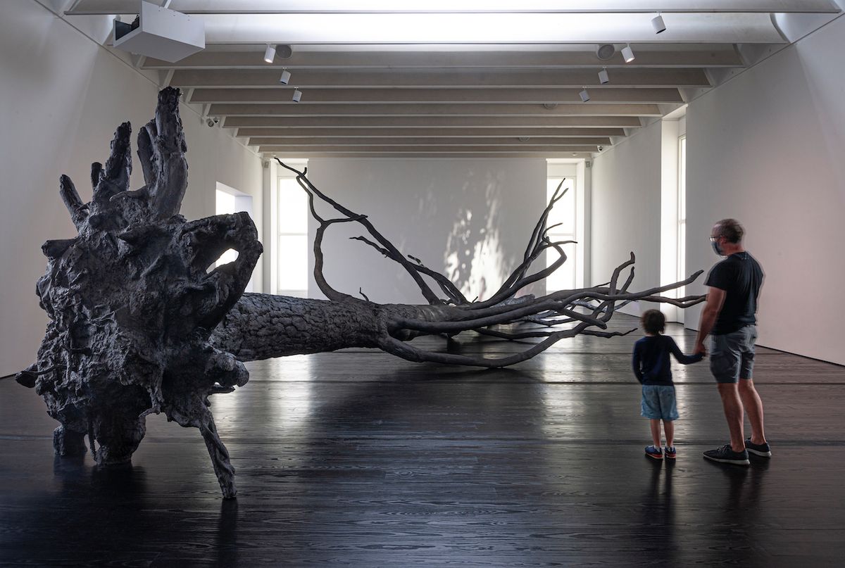 Installation view with visitors of Allora & Calzadilla’s Penumbra and Entelechy (2020) courtesy of Galerie Chantal Crousel, Paris, and Lisson Gallery, New York and London, and “Penumbra” courtesy of Gladstone Gallery, New York and Brussels