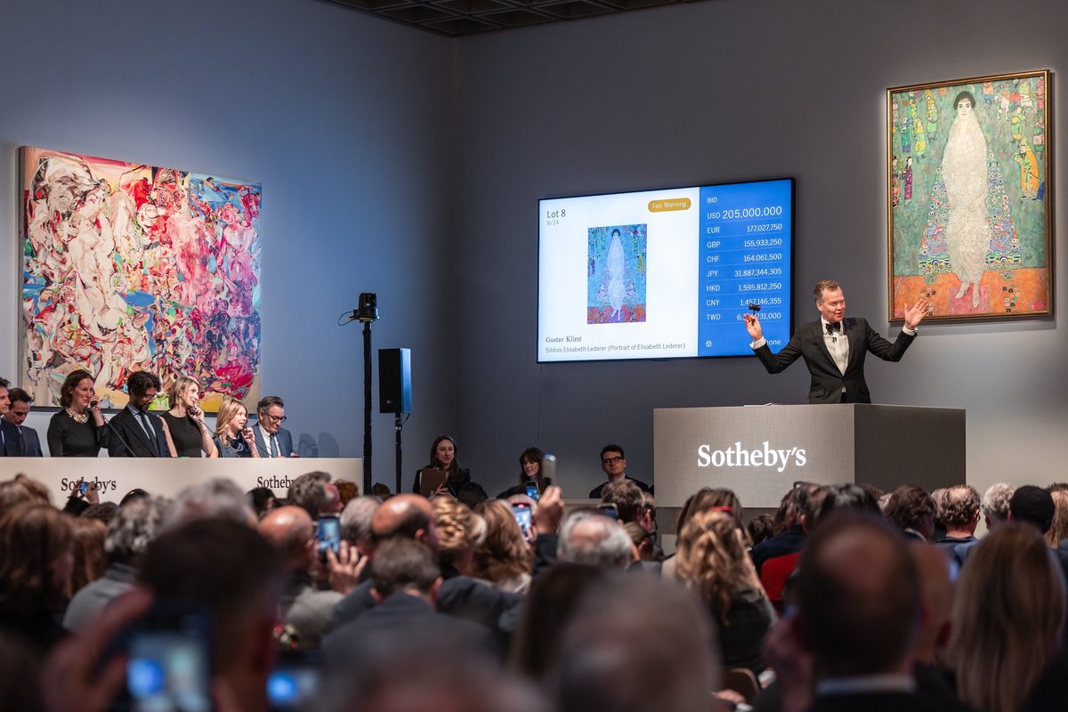 Sotheby's auctioneer Oliver Barker prepares to sell Gustav Klimt's Bildnis Elisabeth Lederer (Portrait of Elisabeth Lederer, 1914-16) for a hammer price of $205m Courtesy Sotheby's