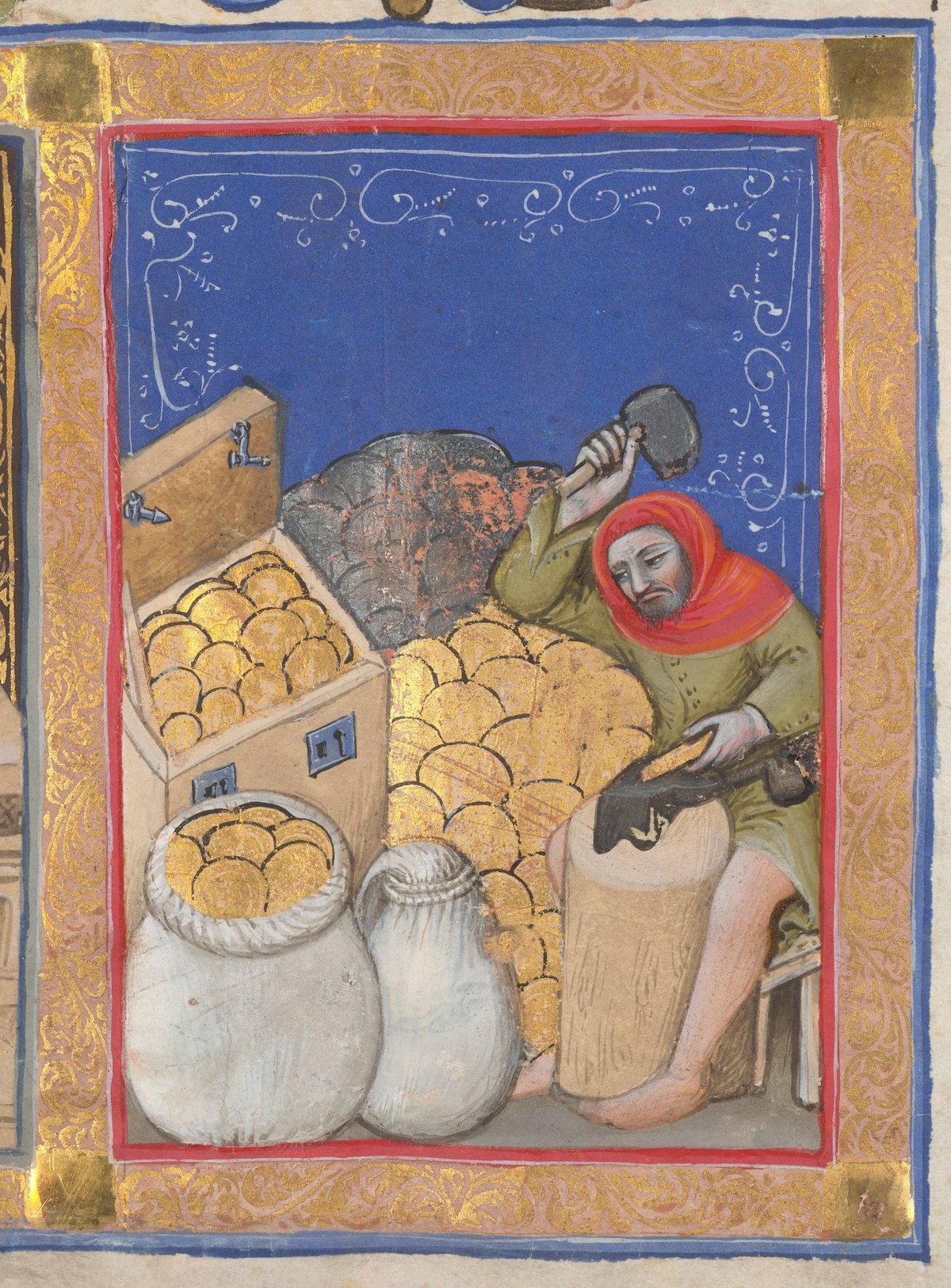 Goldbeater, frontispiece from a register of creditors of a Bolognese lending society, illuminated by Nicolò di Giacomo di Nascimbene, called Nicolò da Bologna Italy, Bologna, around 1394–95 
Photography by Janny Chiu. The Morgan Library & Museum