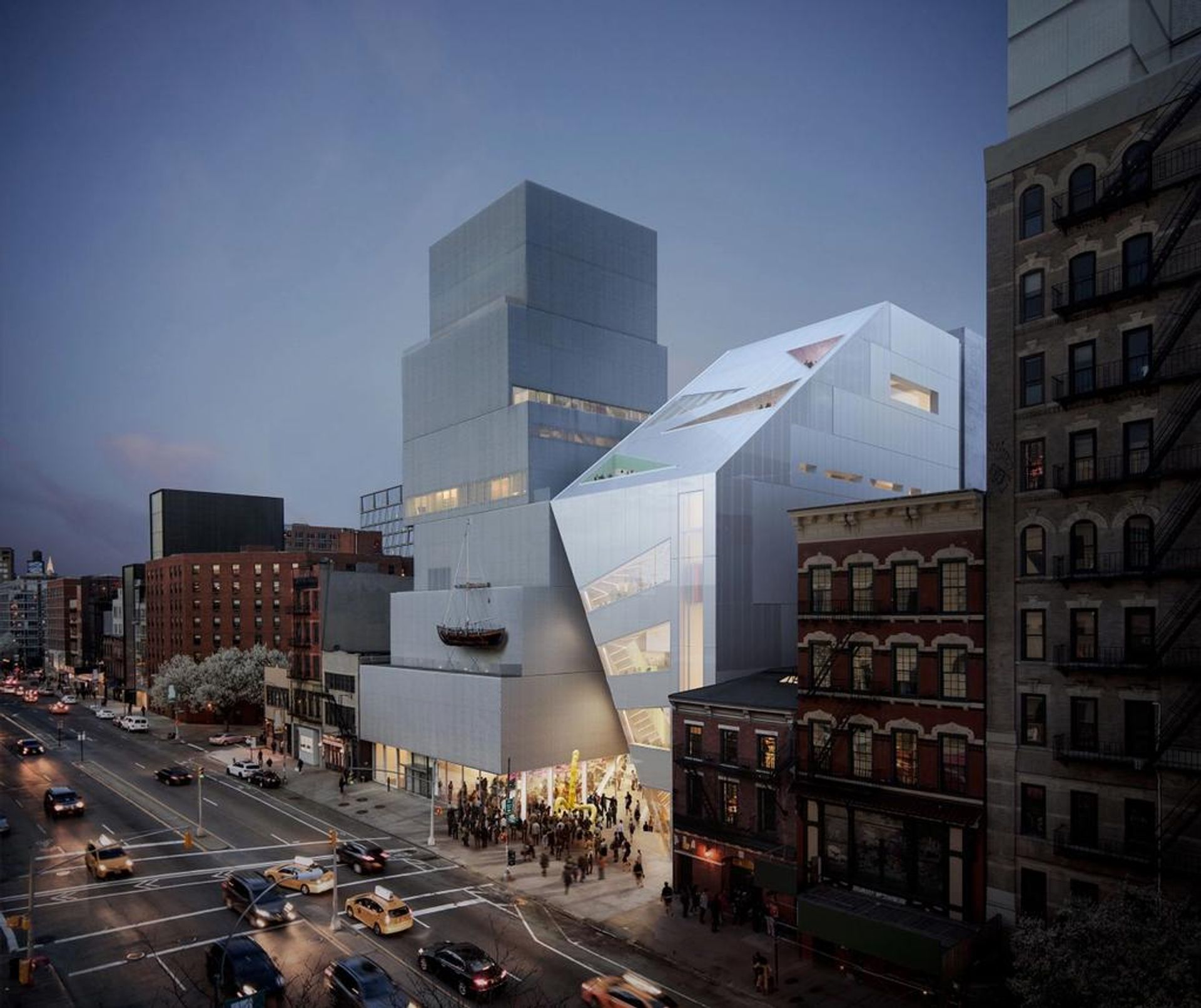 位于纽约鲍厄里街的新博物馆，右图是其计划扩建部分的效果图。照片:OMA / Bloomimages.de。