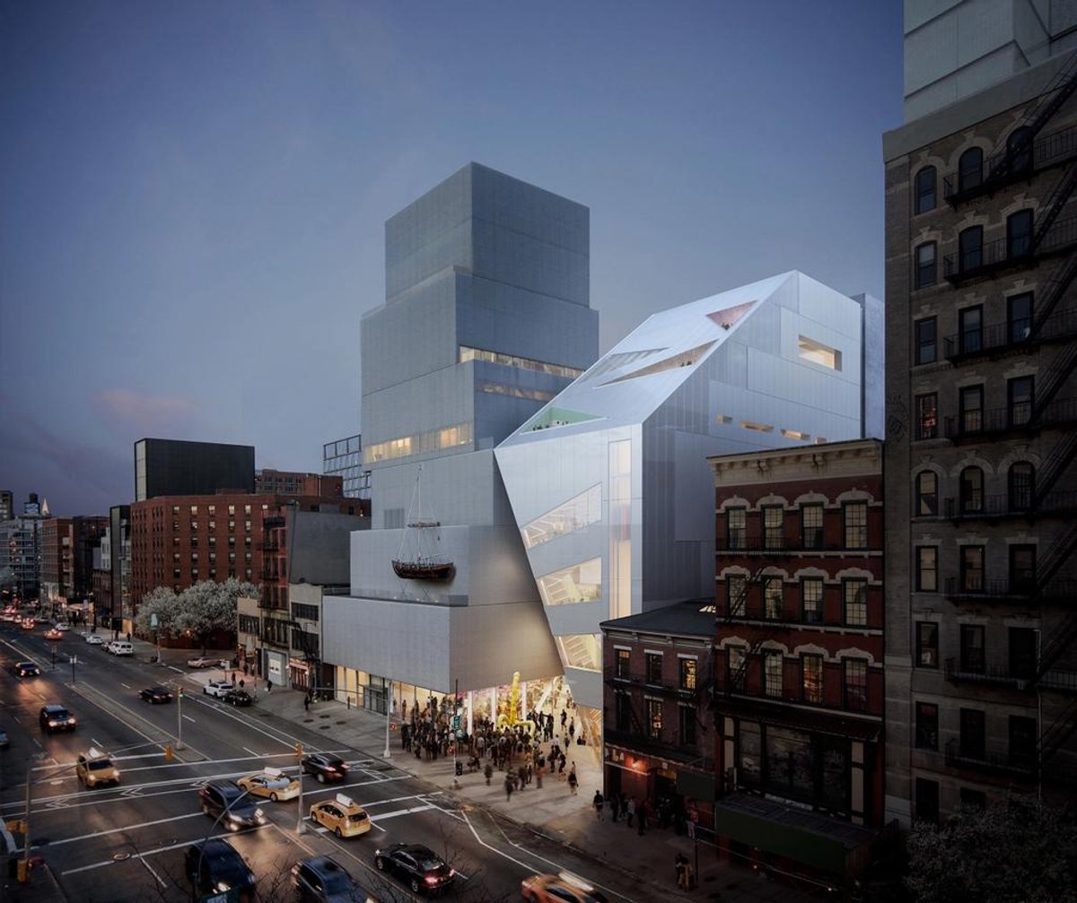 The New Museum on the Bowery in New York with a rendering of its planned addition to the right. Photo: OMA/Bloomimages.de.