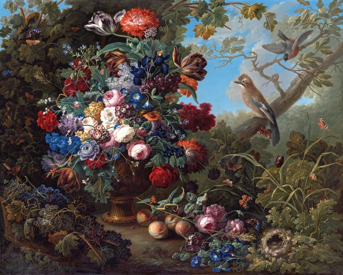 Johann Baptist Drechsler's Großes Blumenstillleben mit Vögeln (1799) Belvedere, Vienna. Photo: Johannes Stoll