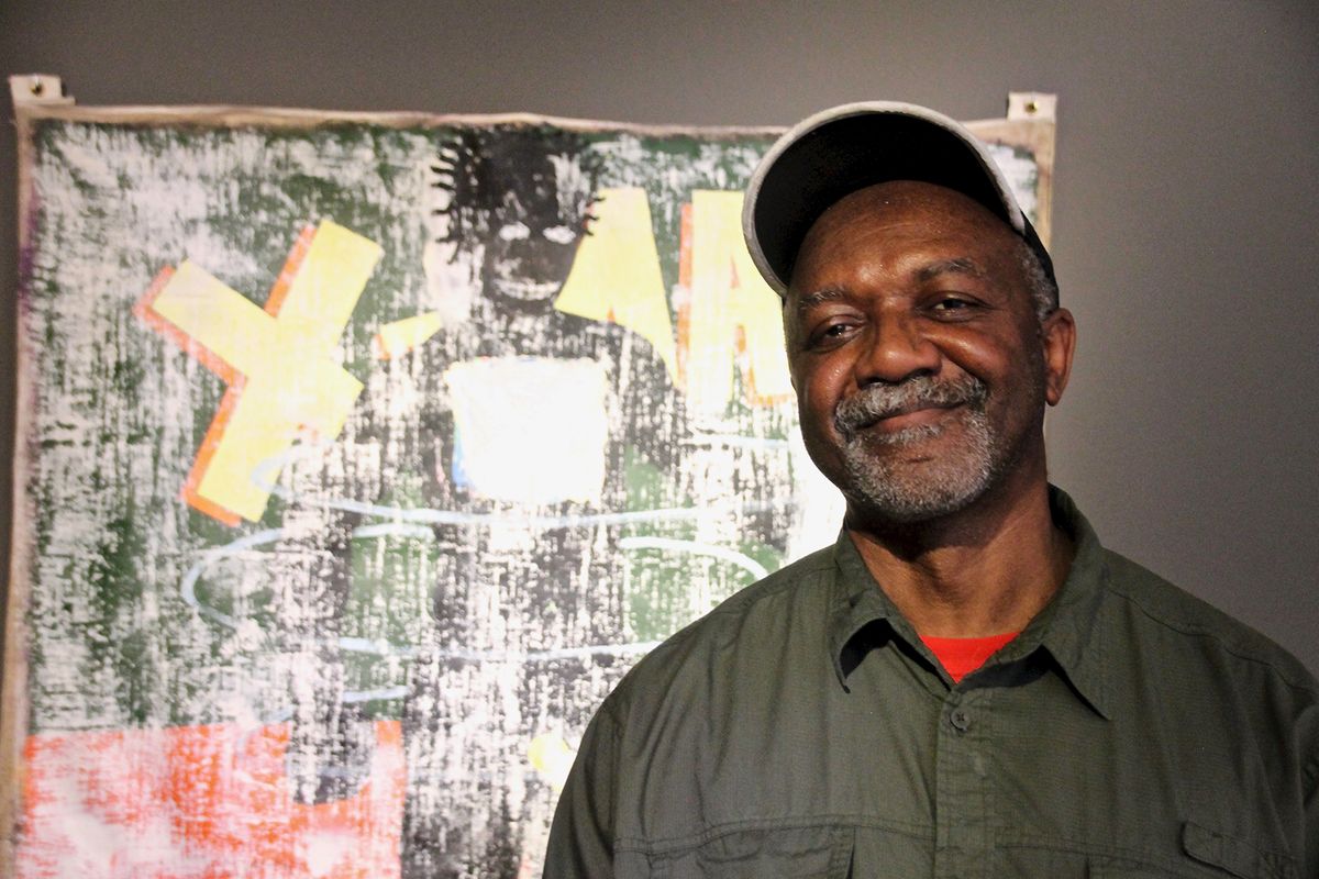 Kerry James Marshall with his work X-Man (1989) Photo: Hadani Ditmars