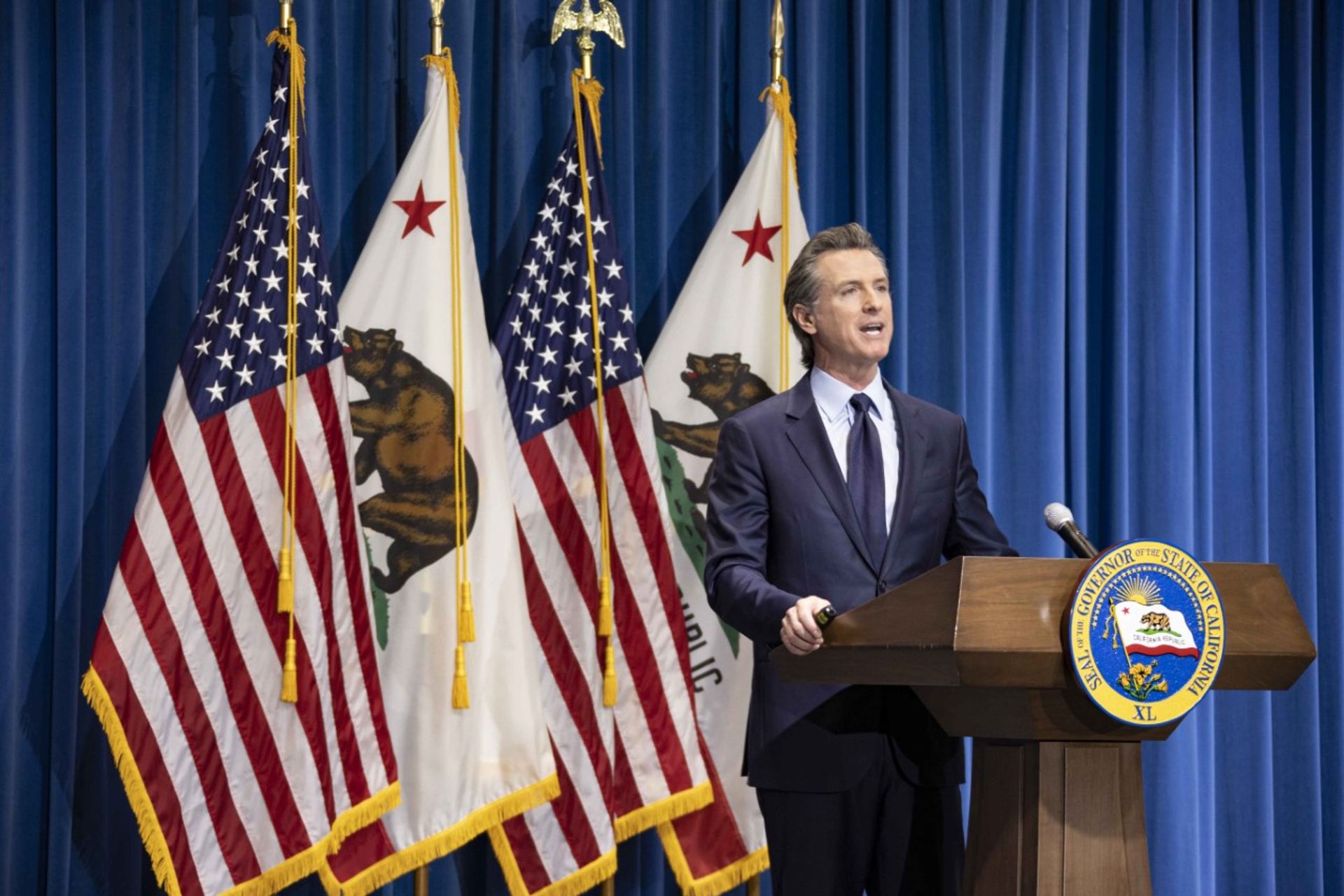 Governor Gavin Newsom presents his 2021-2022 state budget during a news conference in Sacramento, California 