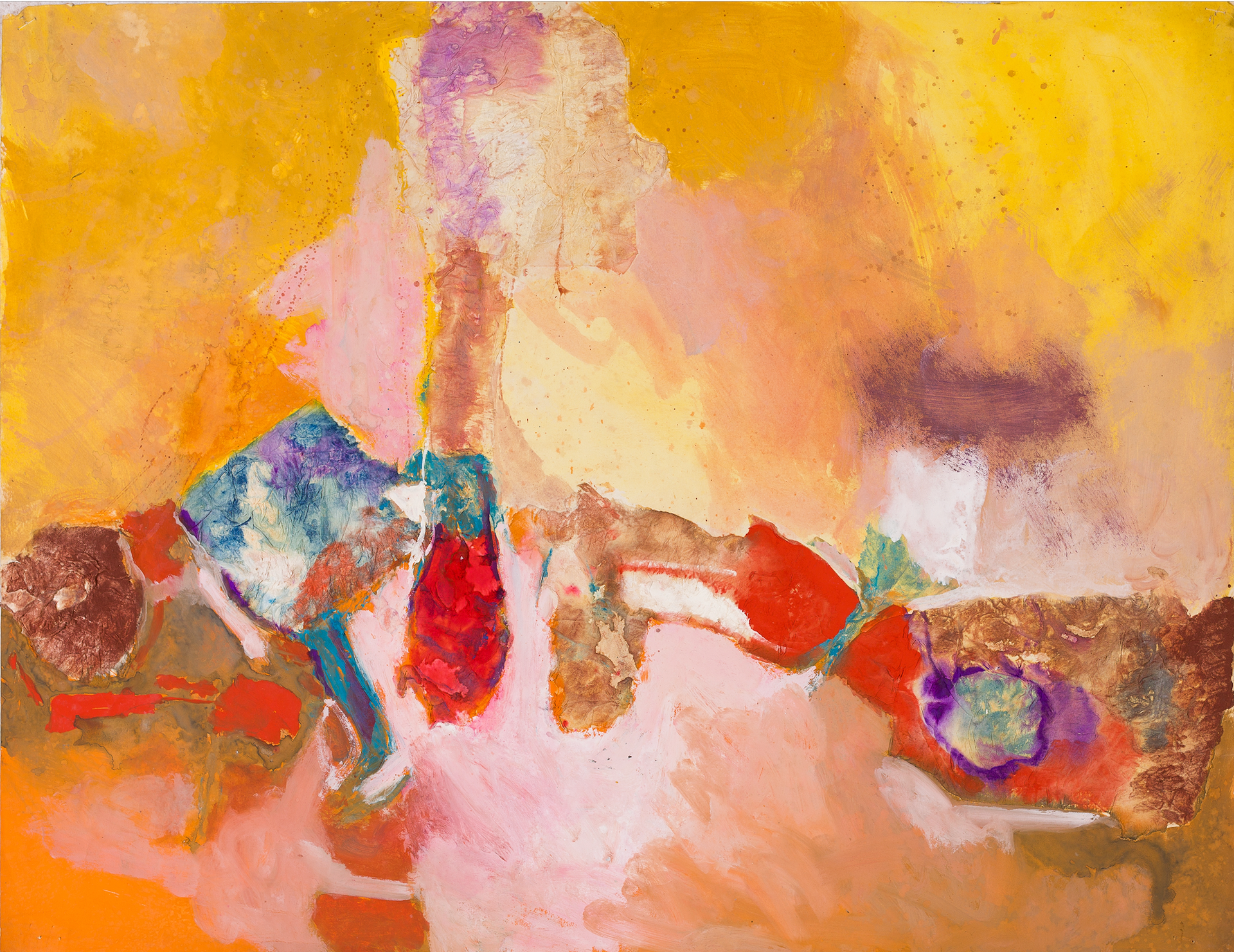 Abstract painting by Aubrey Williams with a bright yellow and orange background, with purple, blue, and red abstract shapes in the foreground.