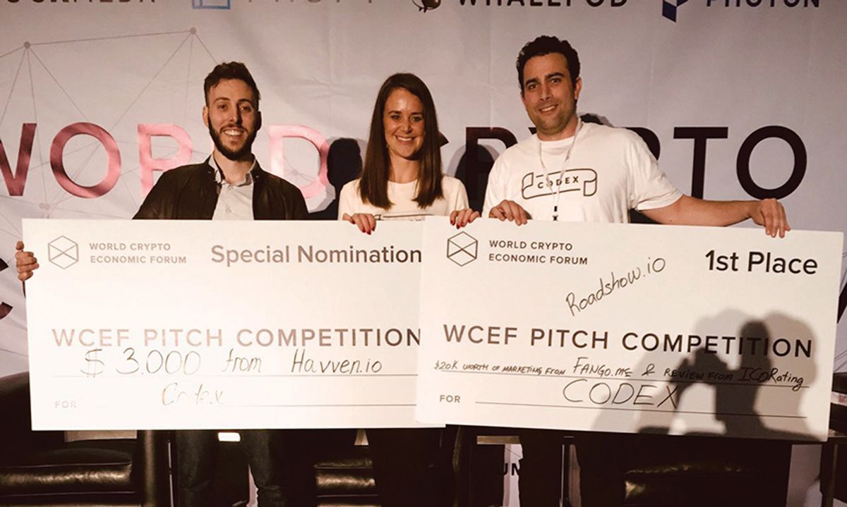 Codex won the token pitch competition at the first World Crypto Economic Forum in San Francisco in January. From left to right: chief executive Mark Lurie, chief operating officer Jess Houlgrave, and business development director Andreas Becker Courtesy Codex