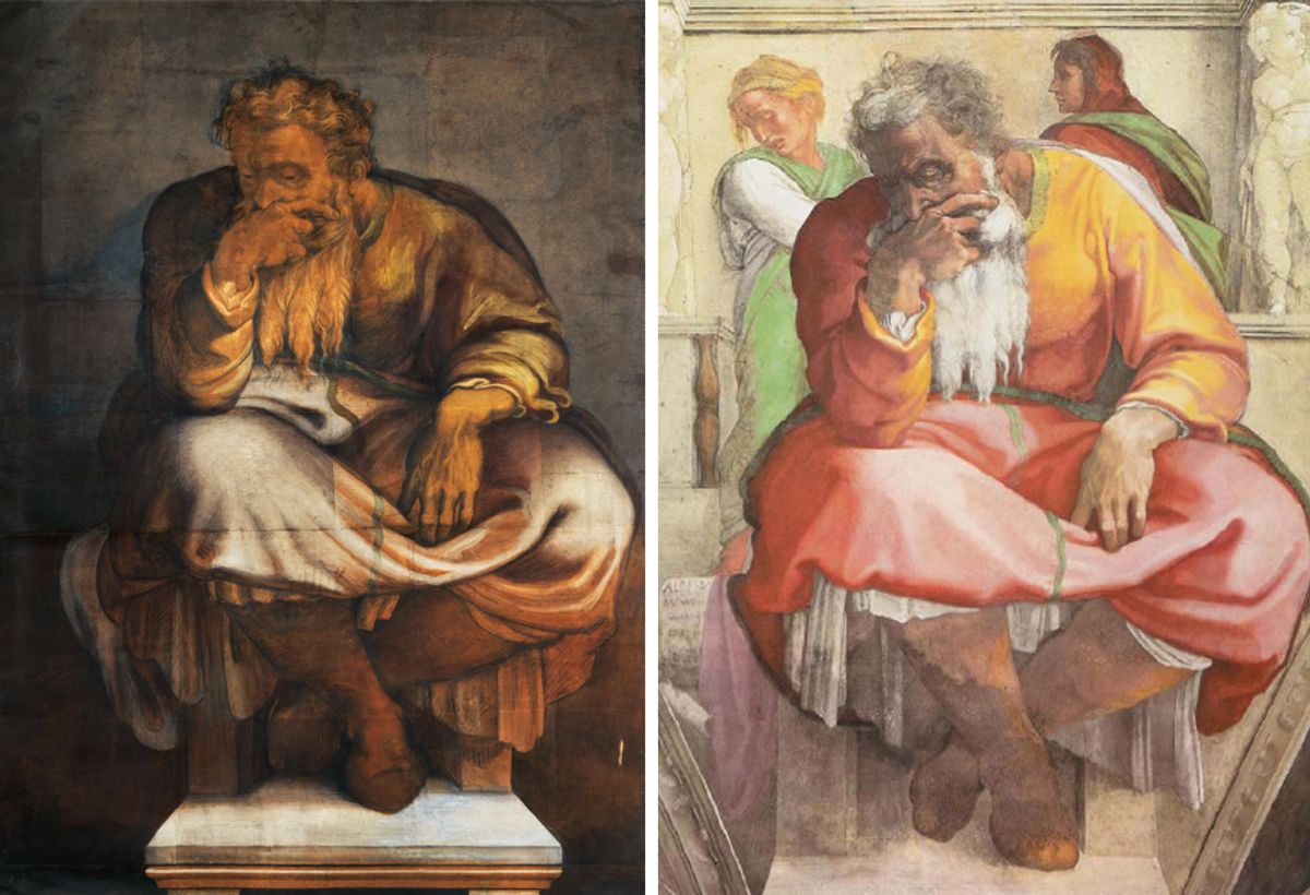 Dorotheum's The Prophet Jeremiah by a “Follower of Michelangelo” (left) and the version on the Sistine Chapel's ceiling Courtesy of Dorotheum