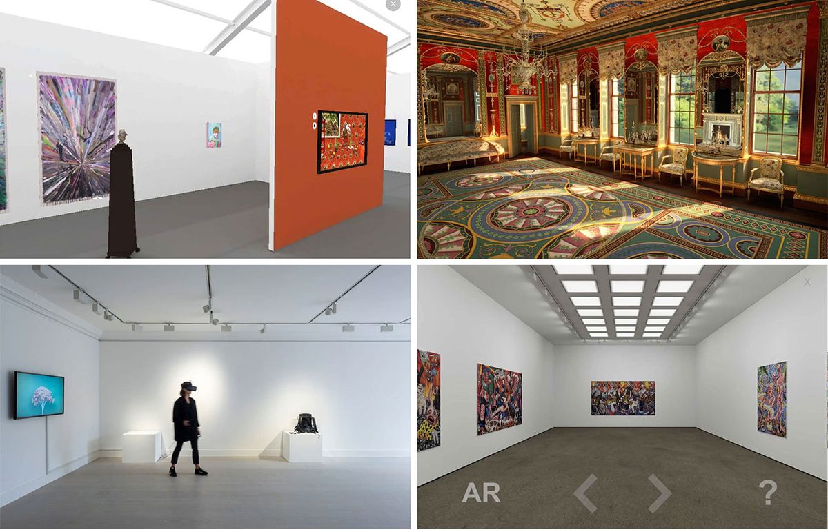 Four representative art world VR pieces from 2020-21. Clockwise from top left: bitforms gallery on the Artland platform for the fully virtual untitled art fair, August 2020;  the digital experience producers Noho's VR recreation of the Glass Drawing Room, at Northumberland House, London, for Corning Museum, New York, May 2021; Dale Lewis at Edel Assanti, on the Vortic Collect VR app, August 2020; a visitor explores Gazelli Art House London’s group show fifth edition of Enter Through The Headset, October 2020