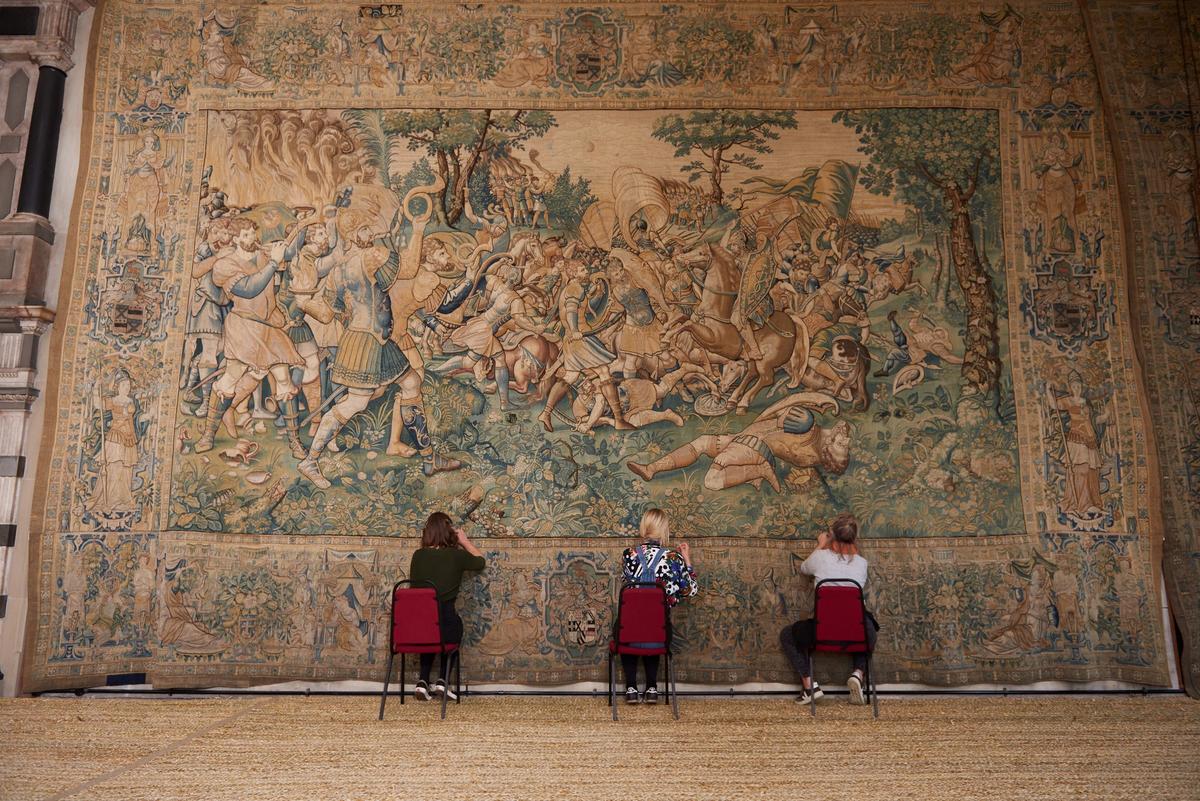 Conservators at work on a tapestry at Hardwick Hall © National Trust Images/Trevor Ray Hart