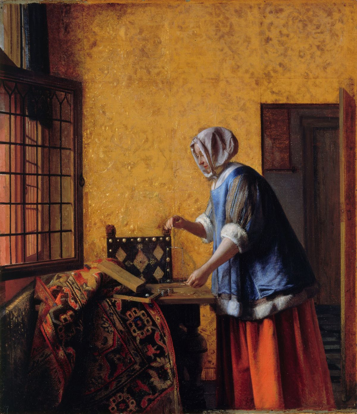 Pieter de Hooch's signature is thought to have been discovered in the painting Woman weighing gold and silver Coins (around 1664) Gemäldegalerie Staatliche Museen zu Berlin