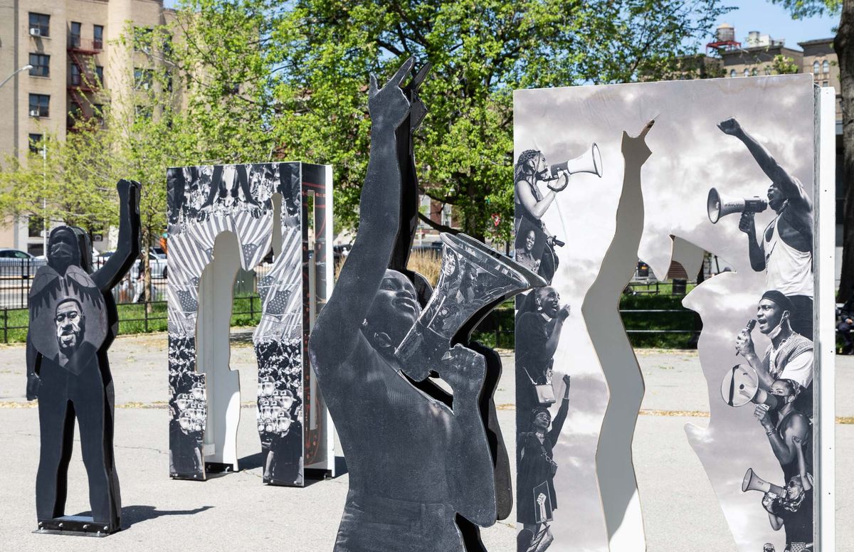 A detail of In Honor of Black Lives Matter by KaNSiteCurators and Caroline Mardok, installed in Poe Park, The Bronx