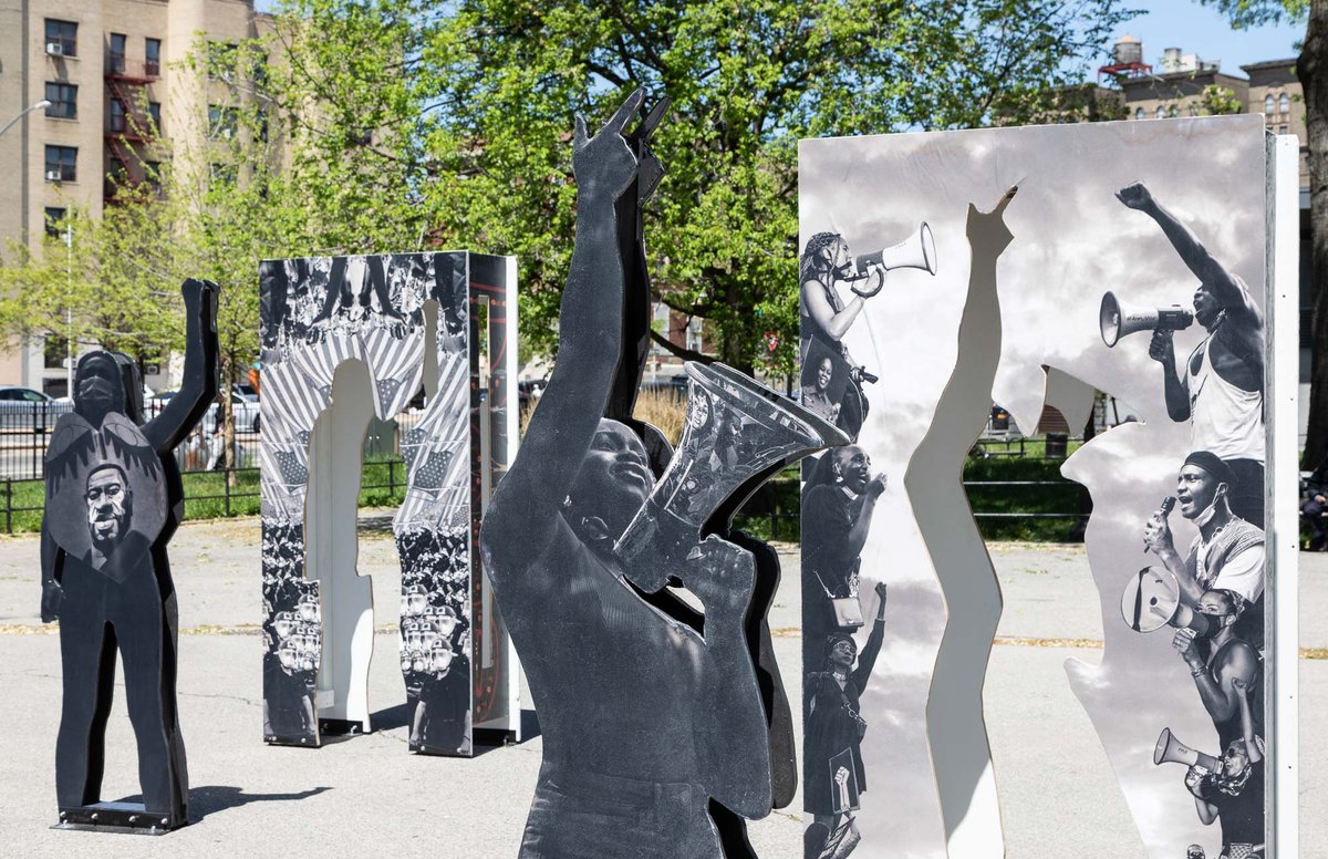A detail of In Honor of Black Lives Matter by KaNSiteCurators and Caroline Mardok, installed in Poe Park, The Bronx
