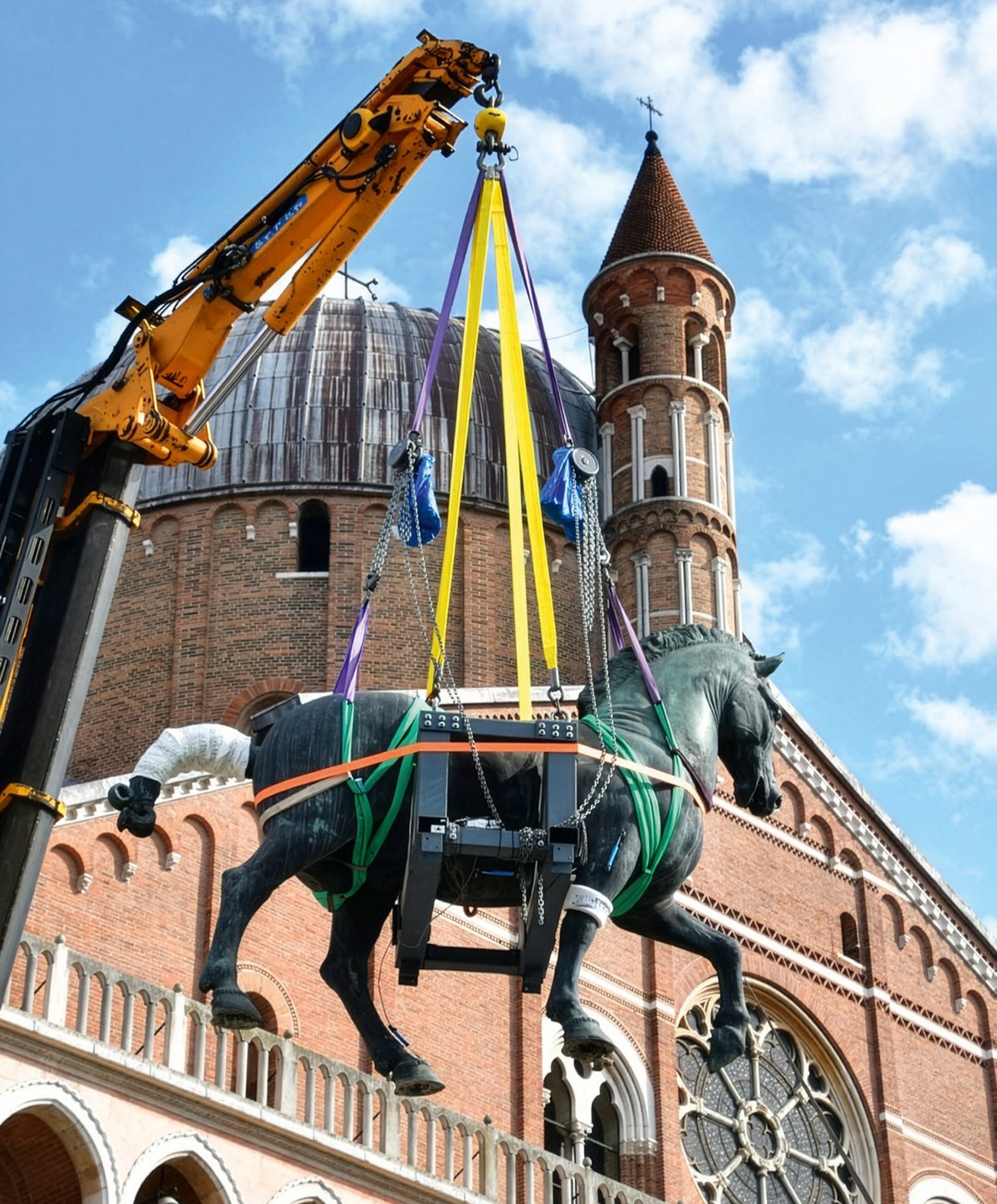 Heavy lifting: Donatello’s Gattamelata was removed from its pedestal in a Padua piazza last October. Now Italian authorities have a conservation quandary over whether to return it there following analysis and restoration
Photo: Marco Borrelli