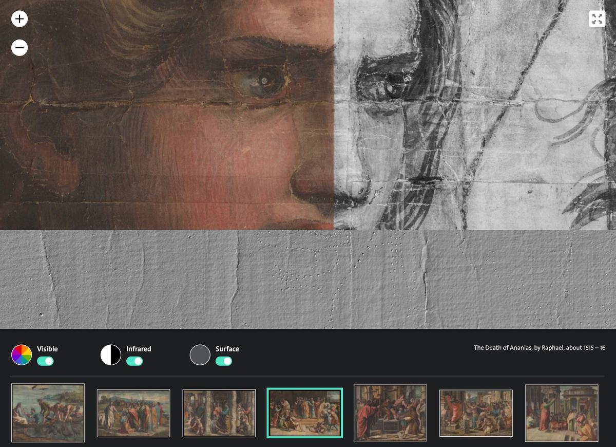 The V&A's new digital interactive visualises the colour, 3D and infrared layers of The Death of Ananias, one of the museum's seven Raphael Cartoons (1515-16) © V&A Courtesy Royal Collection Trust HM Queen Elizabeth II 2021