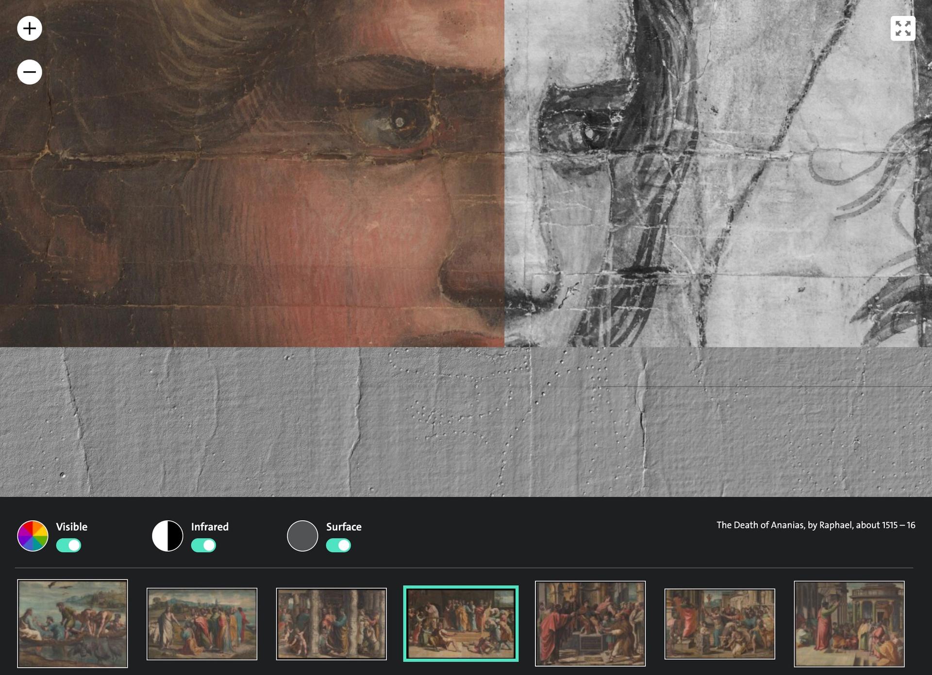 The V&A's new digital interactive visualises the colour, 3D and infrared layers of The Death of Ananias, one of the museum's seven Raphael Cartoons (1515-16) © V&A Courtesy Royal Collection Trust HM Queen Elizabeth II 2021