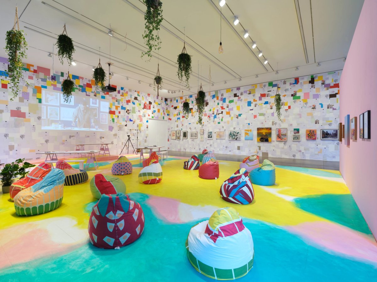 During the exhibition, 2,000 pieces of stencilled, acrylic and water colour paper will be gradually replaced by the works of visitors
Installation view of Hospital Rooms at Hauser and Wirth, 'Digital Art School' Exhibition, 2024. Photo © Hospital Rooms (Tim Bowditch)