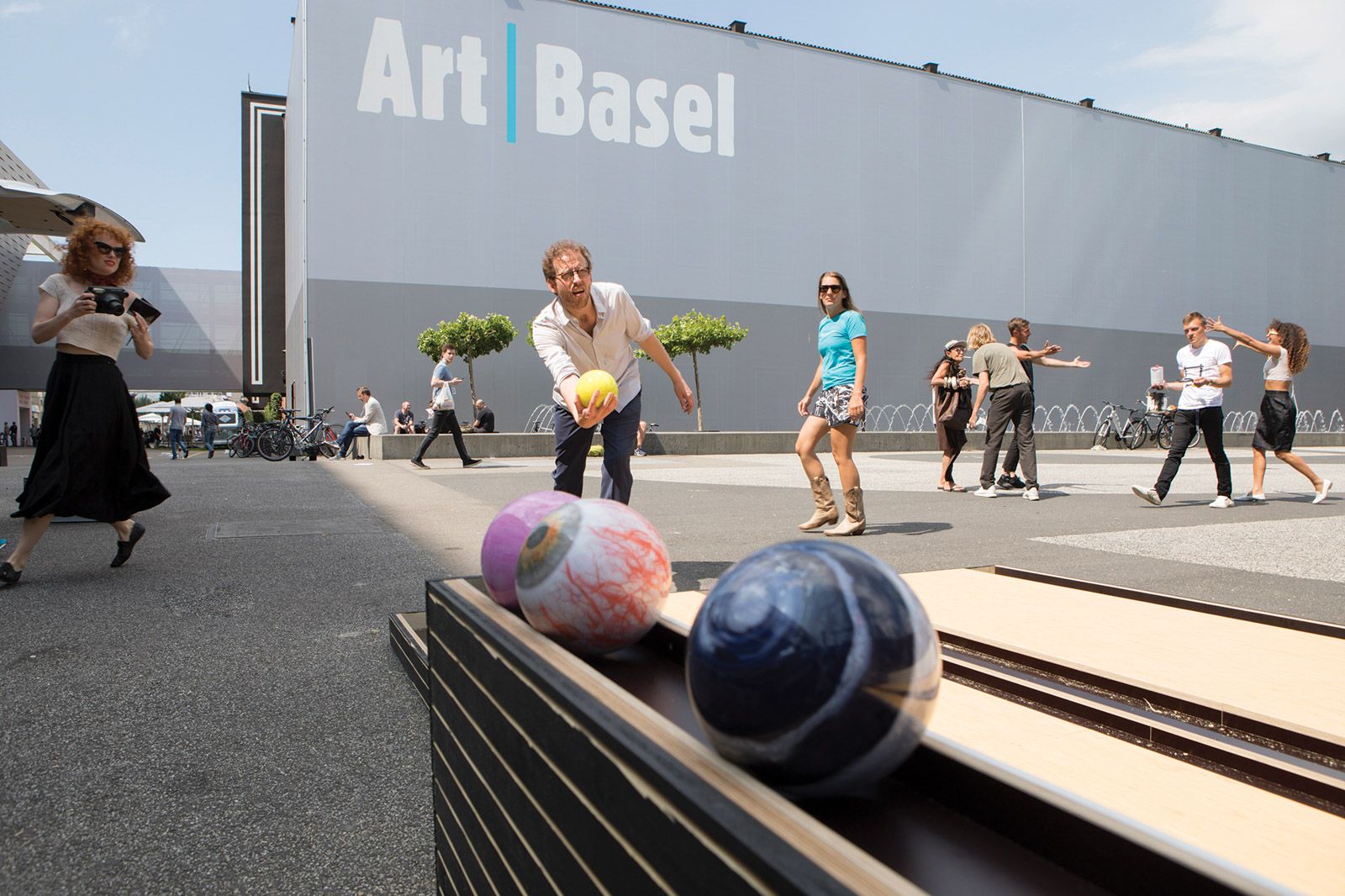Art Basel has offered galleries—such as  König Galerie , owned by Johann König (seen bowling in the Messeplatz in 2017)—a 10% discount on stand prices to reflect difficult business conditions and higher shipping costs Courtesy of Art Basel