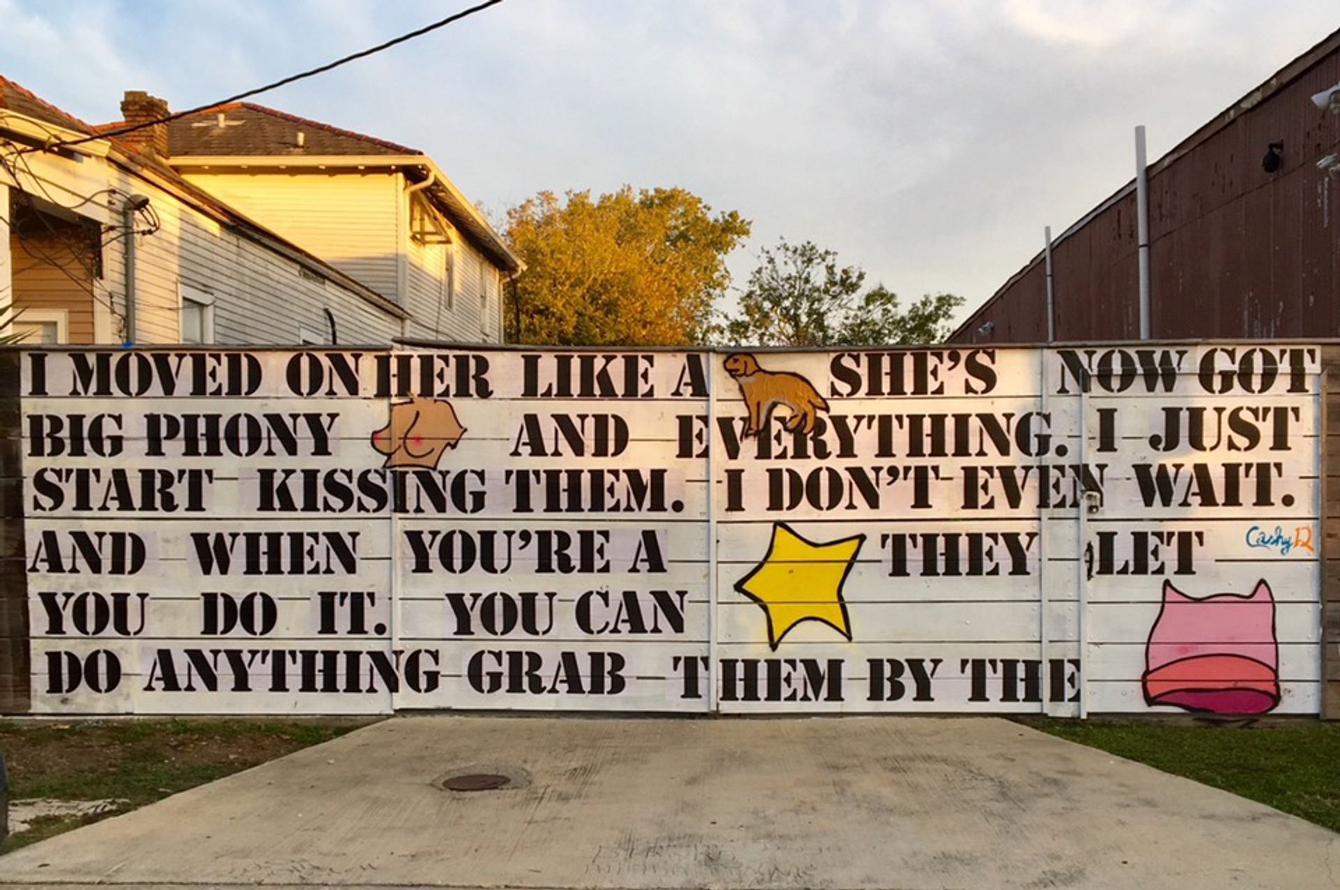 The mural, by the artist Cashy-D, depicts a quote from the 2005 Access Hollywood Tape in which US President Donald Trump brags about grabbing women’s genitals with impunity—with select nouns replaced by images Neal Morris