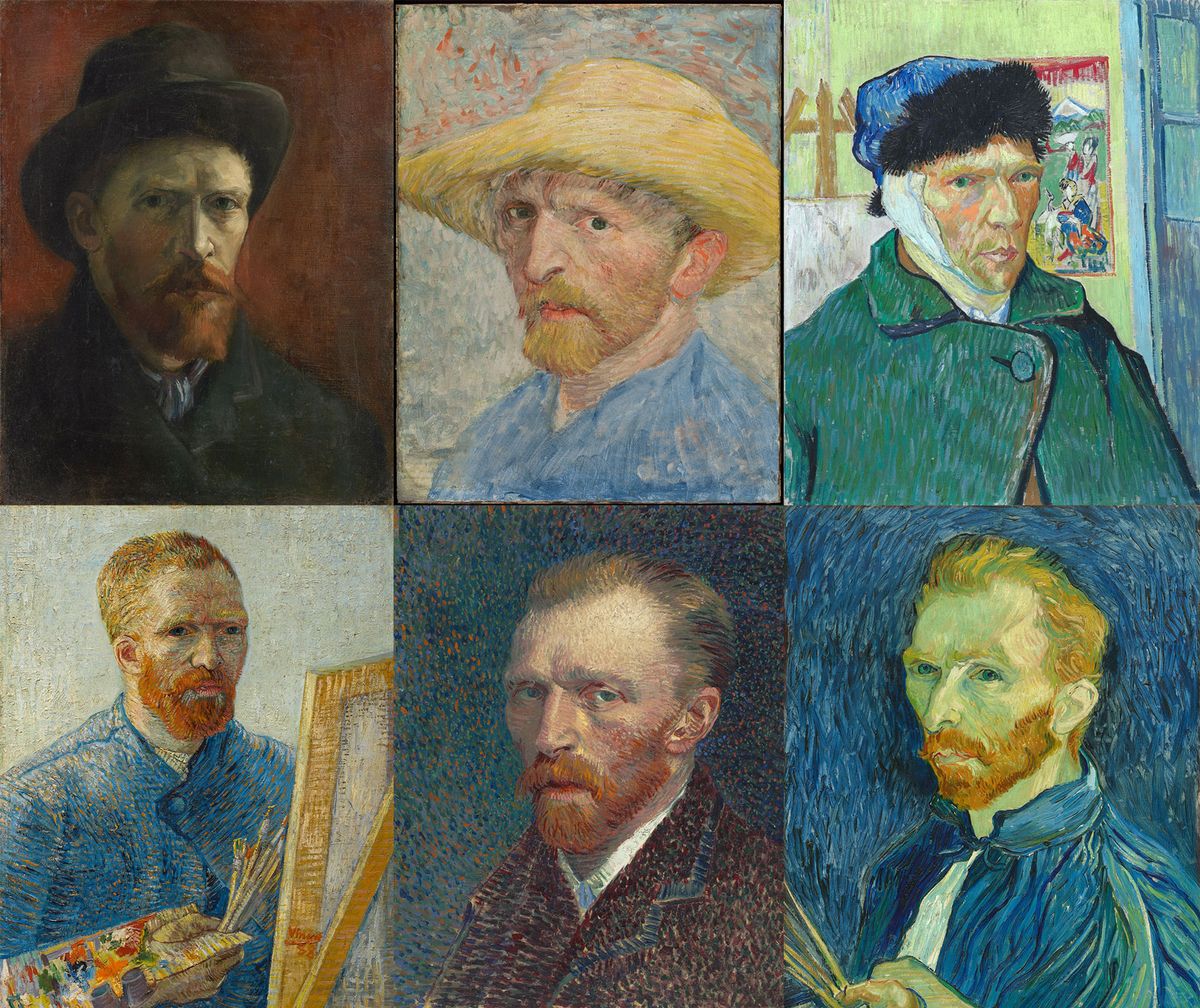 Clockwise from top left: Vincent van Gogh's Self-Portrait with Dark Felt Hat (1886-87), Self-Portrait with Straw Hat (1887), Self-Portrait with Bandaged Ear (1889), Self-Portrait (1889), Self-Portrait (1887) and Self-Portrait as a Painter (1888) © Vincent van Gogh Foundation; Detroit Institute of Arts / Bridgeman Images; Courtauld; National Gallery of Art, Washington DC; Art Institute of Chicago, CC Zero; Vincent van Gogh Foundation