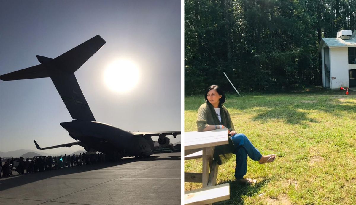 Jahan Ara Rafi (right) captured this image (left) as she boarded one of the last evacuation fights from Kabul. Courtesy of Jahan Ara Rafi