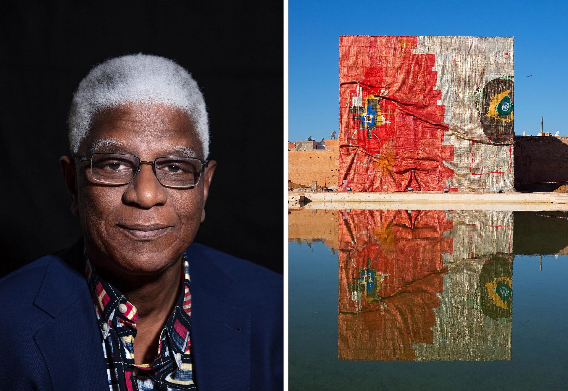 El Anatsui (left) is best known for his large-scale hanging 'tapestries' made of found objects such as bottle caps, as can be seen in his work Kindred Viewpoints (2016) which was part of Marrakech Biennale  Portrait photo: © Aliona Adrianova, 2019; courtesy of October Gallery, London. Kindred Viewpoints: Image courtesy Marrakech Biennale 6; Photo: © Jens Martin