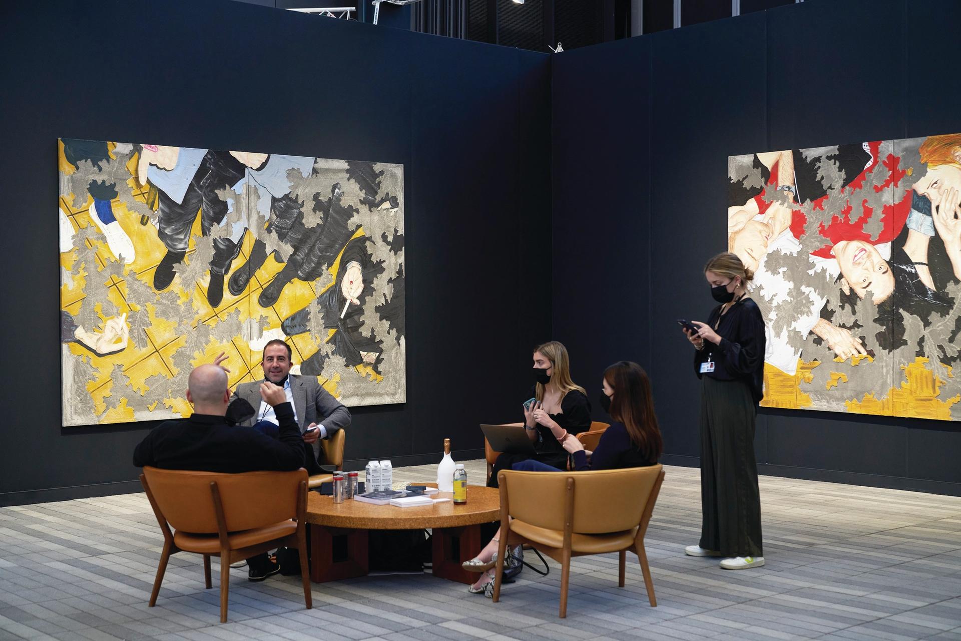 Pace’s stand is showing works by Latifa Echakhch that vividly capture nightlife scenes of cigarettes being ashed and arms flailing Photo by Allison Dinner
