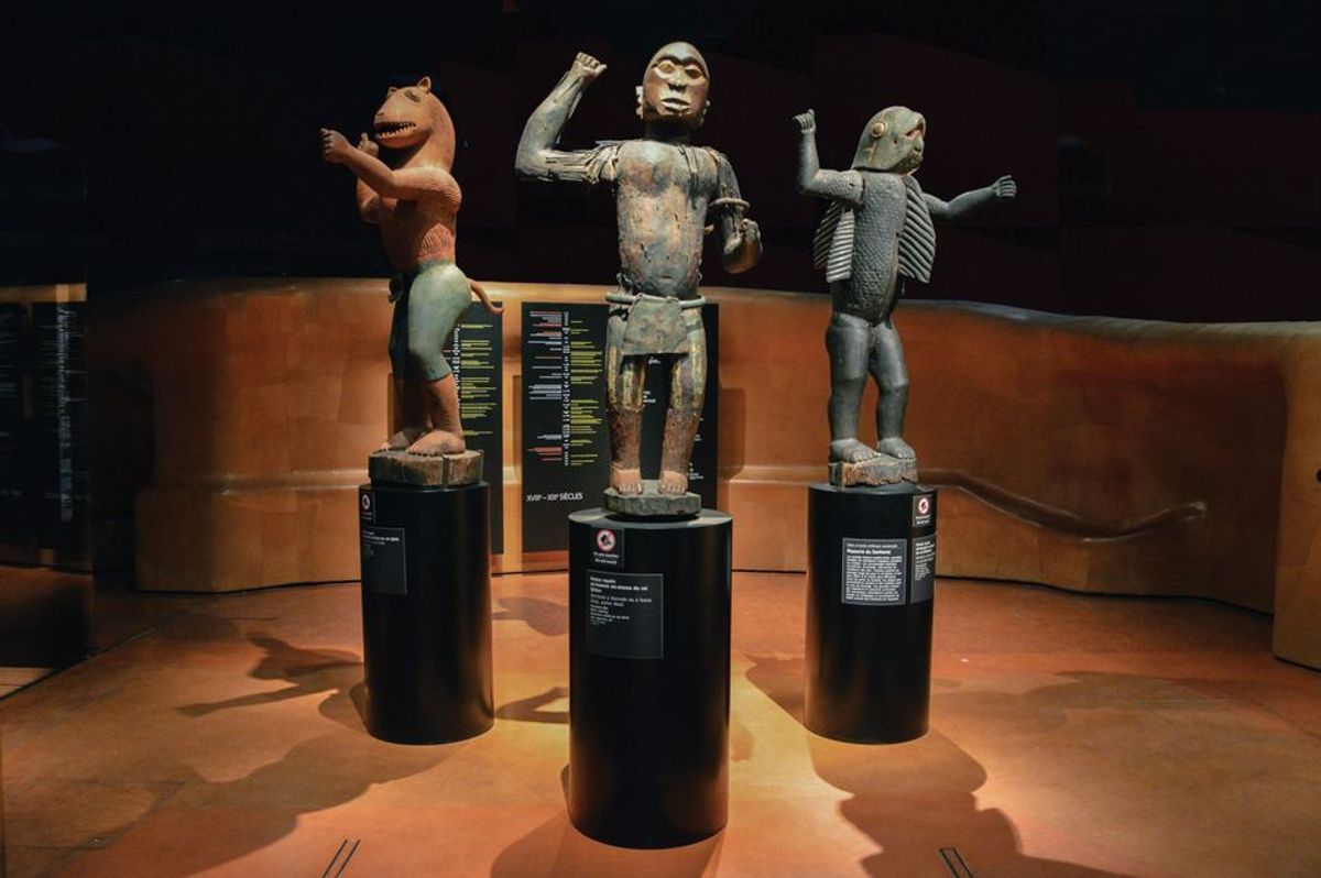 Anthropomorphic statues representing three kings of Dahomey (present-day Benin) were plundered by French troops in 1892 and are held today at the Quai Branly museum in Paris Photo: Shonagon