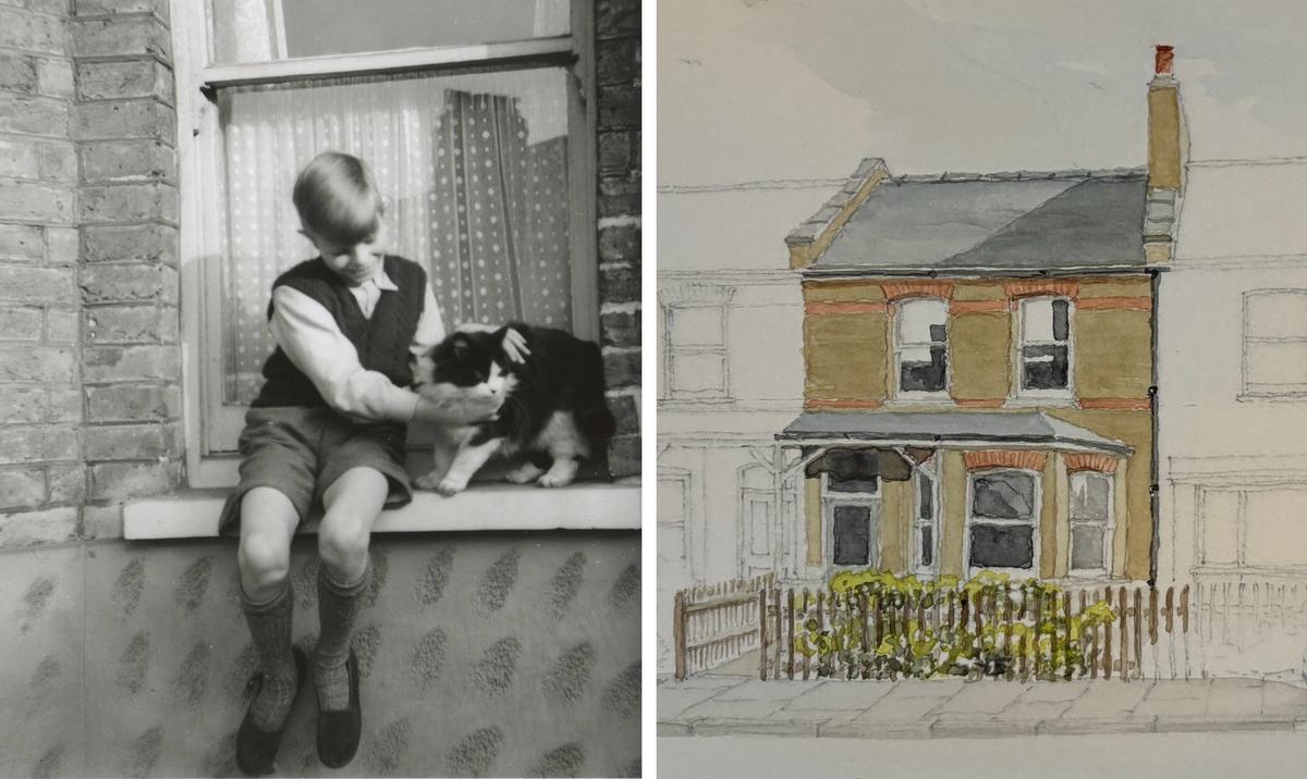Left: David and cat, c.1956. Right: David Bowie house exterior watercolour
Courtesy of the Heritage of London Trust. Julian Harrap Architects