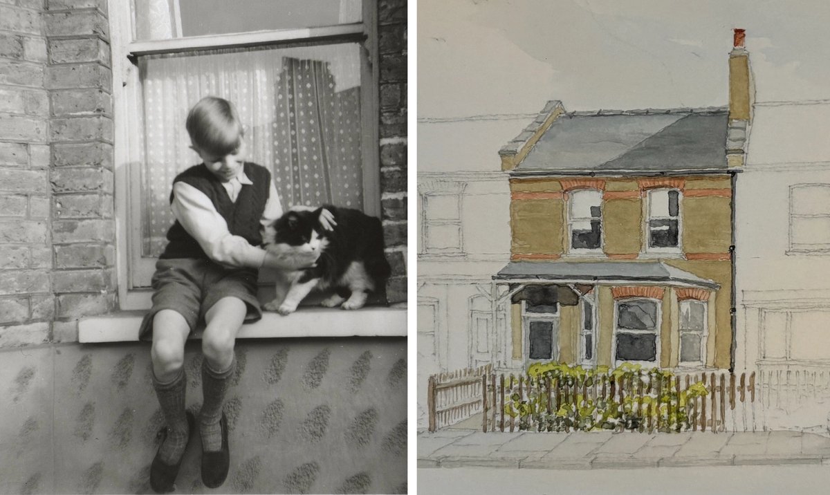 Left: David and cat, c.1956. Right: David Bowie house exterior watercolour
Courtesy of the Heritage of London Trust. Julian Harrap Architects