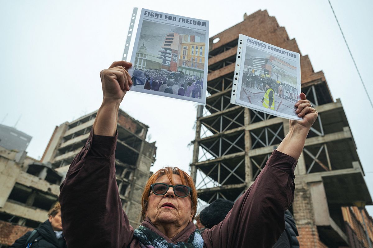 A protest in Belgrade in November against the plan to demolish the former Yugoslav army headquarters and build a luxury hotel on the site

Photo: Andrej Isakovic/AFP via Getty Images