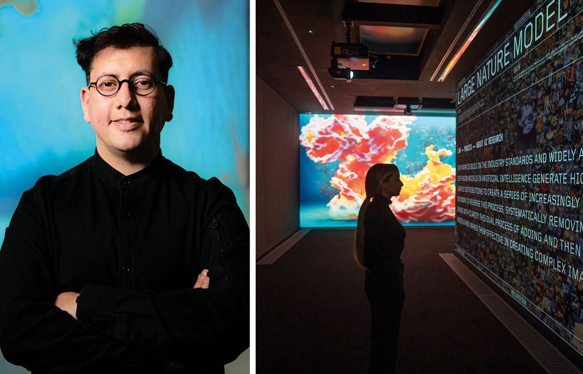 Refik Anadol opens his Serpentine Galleries show with a data process wall (right), a 30-minute exposition of how data was sourced and modelled to create outputs for his exhibition Echoes of the Earth: Living Archive Refik Anadol portrait: Efsun Erkilic; Refik Anadol, Echoes of the Earth: Living Archive, 2024. Installation view,Serpentine North. Photo: Hugo Glendinning. Courtesy Refik Anadol Studio and Serpentine