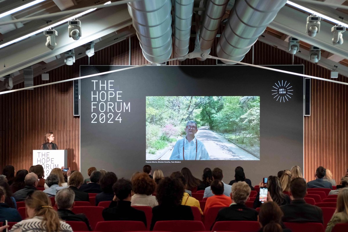Frances Morris, director emerita of Tate Modern and a longstanding champion of promoting environmental sustainability within the art world, delivering a message via video at the Hope Forum 2024 in April
Courtesy of Art 2030
