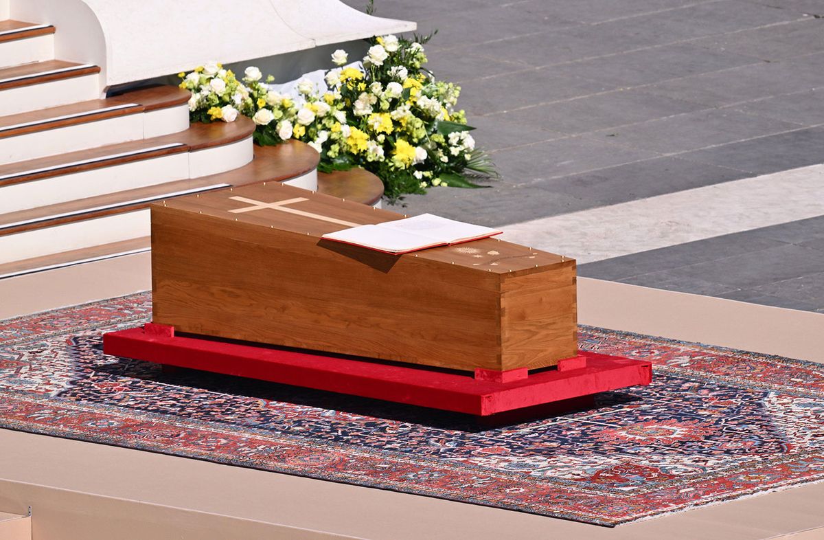 During Pope Francis's funeral in St Peter's Square on 26 April, his casket was placed, following established tradition, on a Persian carpet. A Heriz carpet, from northwest Iran, it appears to be the one previously used at the funerals of Pope John Paul II and Pope Emeritus Benedict XVI. Carpets from the Islamic world have acted as bordered symbols, demarcating holy ground, in Christian ceremony and religious art for over 600 years Domenico Cippitelli / Alamy Stock Photo
